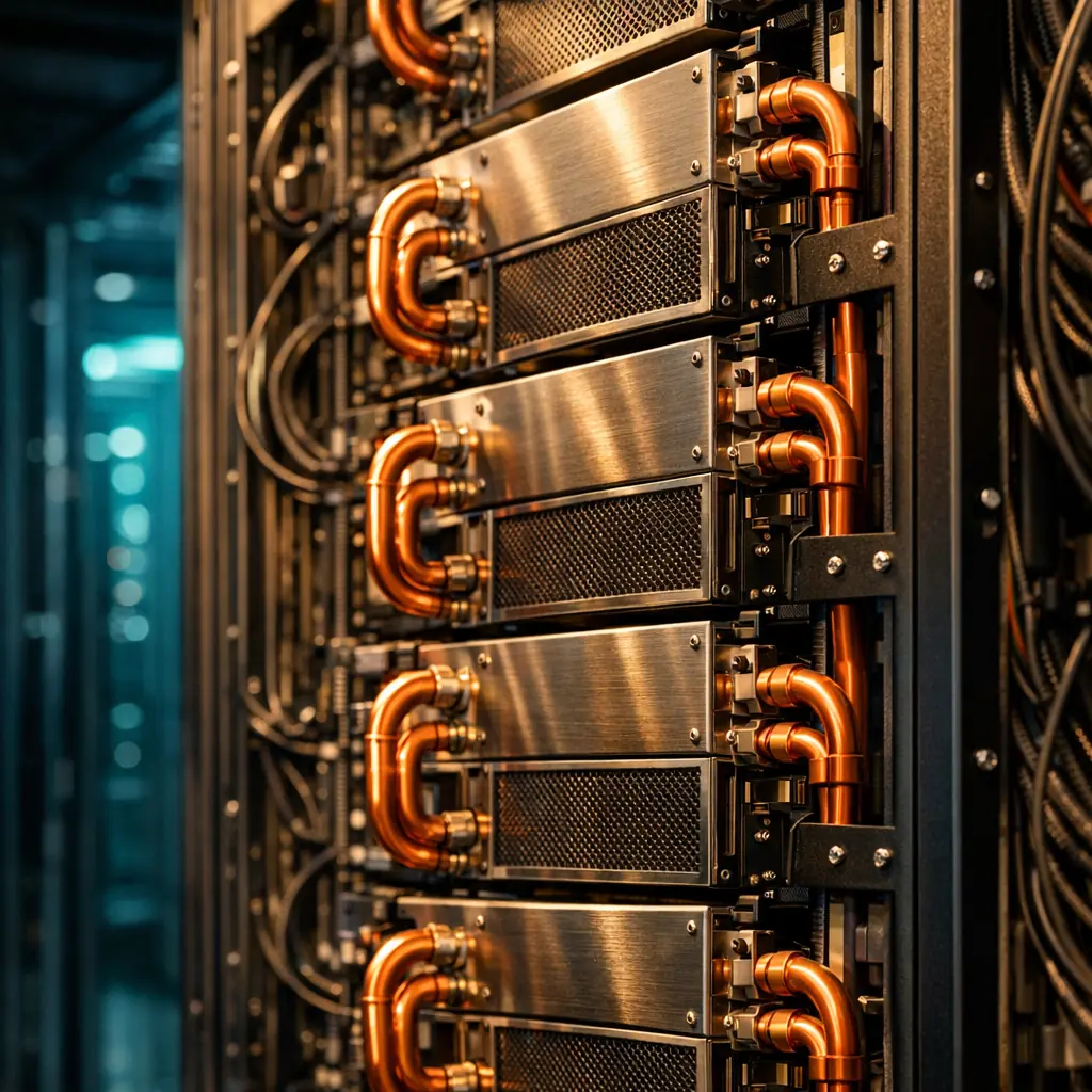 GPU servers in a rack with copper coolant tubing visible against deep navy shadow